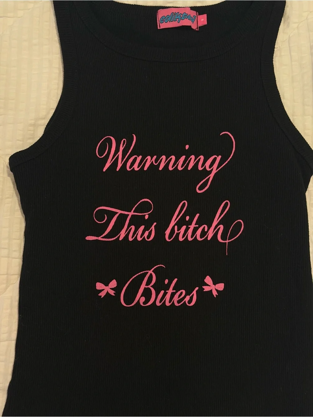 Edikted Black Ribbed Tank Top with Pink Script - Picture 3 of 5
